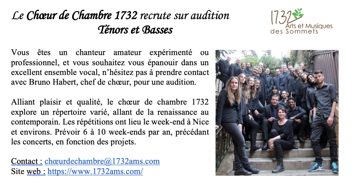 Le Chœur de Chambre 1732 recrute sur audition Ténors et Basses